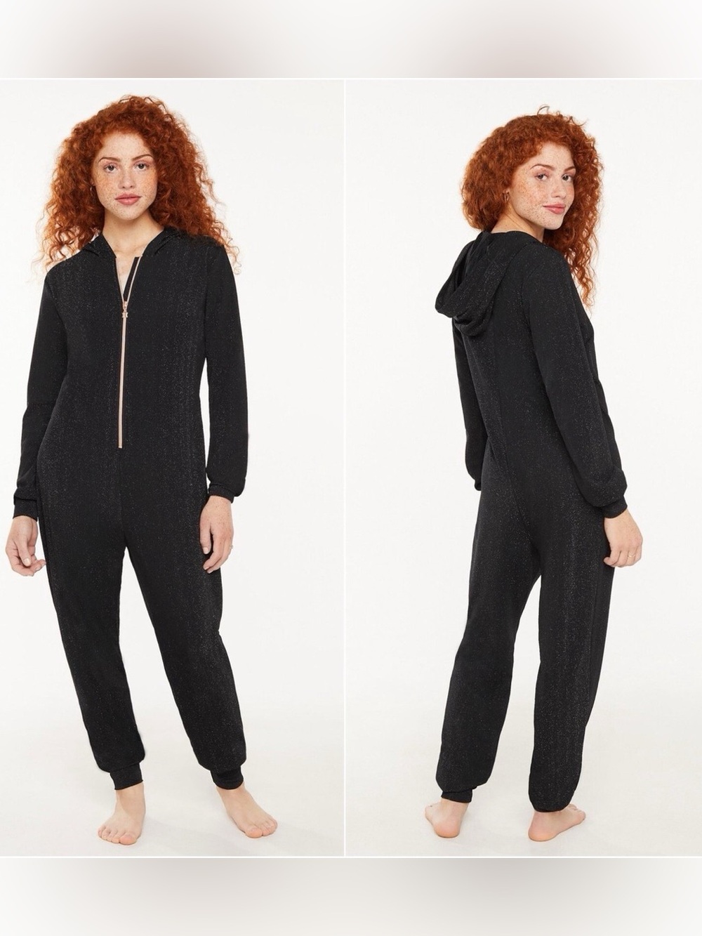 Savage X Fenty Black Shimmer Sleep & Shine Hooded Jumpsuit Size XL